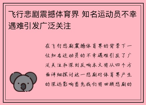 飞行悲剧震撼体育界 知名运动员不幸遇难引发广泛关注